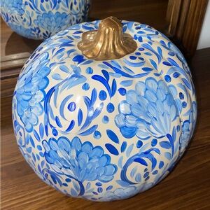 Ashland Blue & White Floral Pumpkin W/ Gold Stem New Light Weight Decor